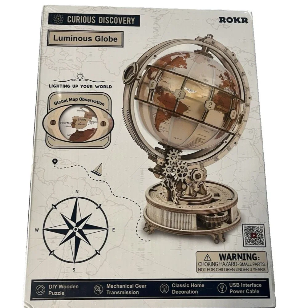 ROKR Luminous Globe ST003 3D Wooden Puzzle DIY Model Kit Curious Discovery - New